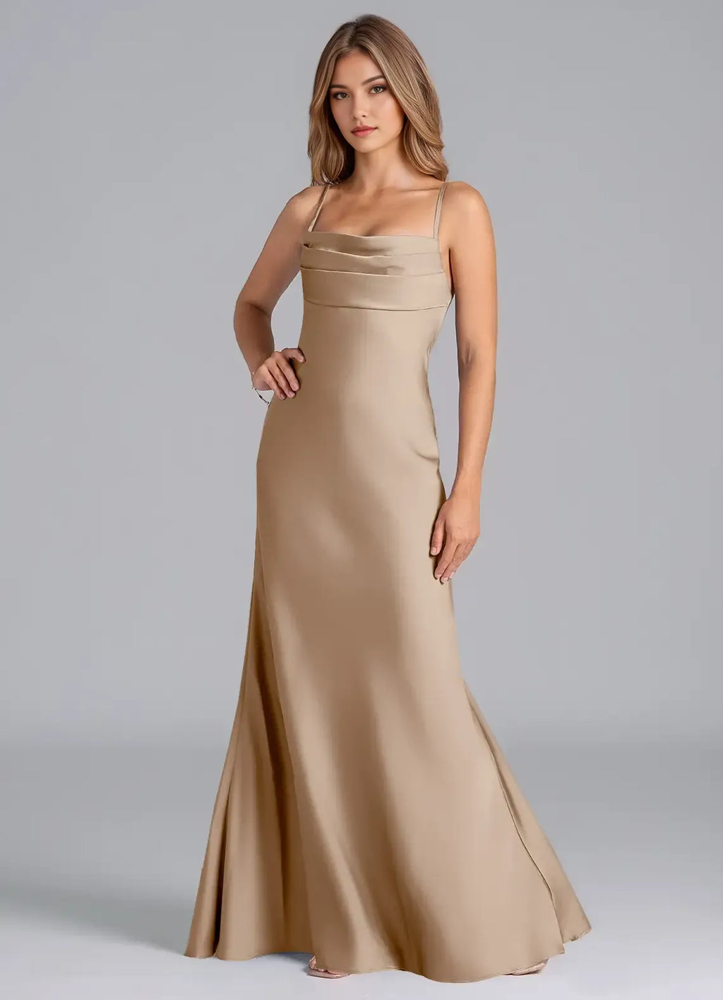 Luxe Mermaid Square Neck Sleeveless Crisscross Tie Back Floor Length Bridesmaid Dress