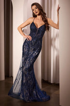 Luxe Mermaid V-Neck Spaghetti Strap Open Back Floor Length Prom Dress