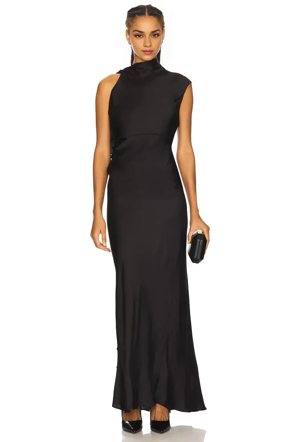 Luxe Sheath Asymmetric Neck One Sleeve Draped Back Floor Length Prom Dress