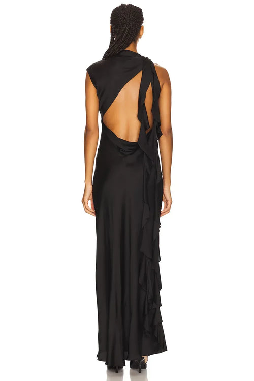 Robe de bal longue asymétrique de luxe à une manche et dos drapé