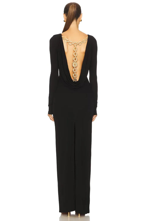 Robe de bal de luxe fourreau, col bateau, manches longues, détails chaîne, longueur ras du sol