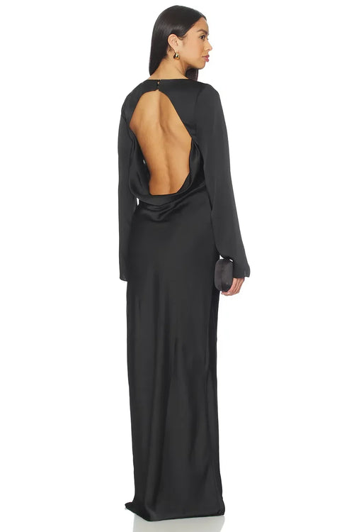 Robe de soirée longue de luxe à col bénitier, manches cloche et dos découpé