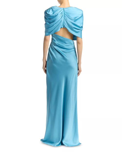 Robe de bal longue en satin de luxe à col bénitier et manches drapées avec découpe au dos pour adultes
