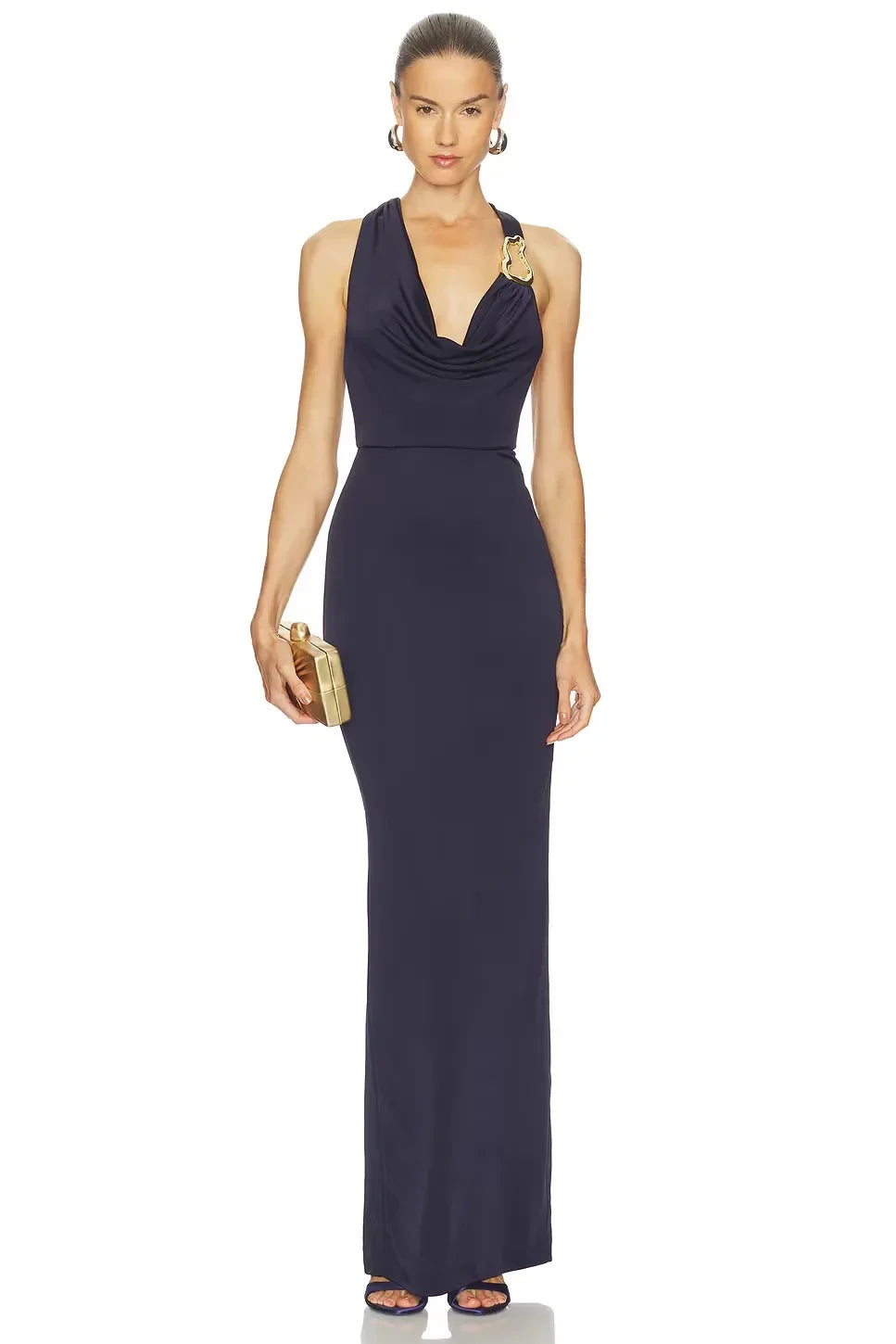 Luxe Sheath Cowl Neck Sleeveless Braided Back Floor Length Evening Dress