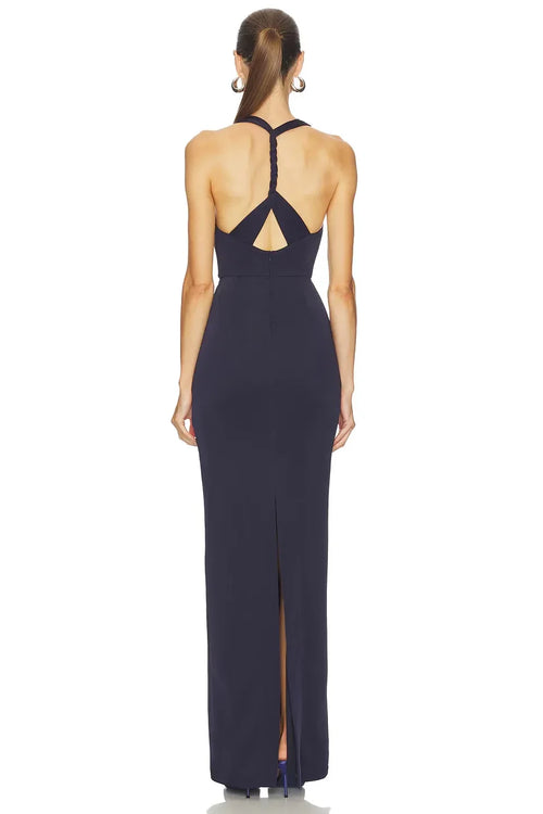 Robe de soirée longue de luxe sans manches à col bénitier et dos tressé