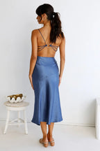 Luxe Sheath Cowl Neck Sleeveless Ring Back Midi Length Prom Dress