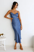 Luxe Sheath Cowl Neck Sleeveless Ring Back Midi Length Prom Dress