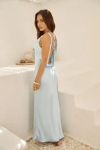 Luxe Sheath Cowl Neck Sleeveless Tie Back Floor Length Prom Dress