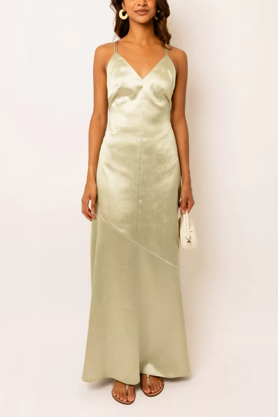 Luxe Sheath Deep V Neck Spaghetti Strap Cross Back Floor Length Prom Dress
