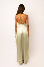 Luxe Sheath Deep V Neck Spaghetti Strap Cross Back Floor Length Prom Dress