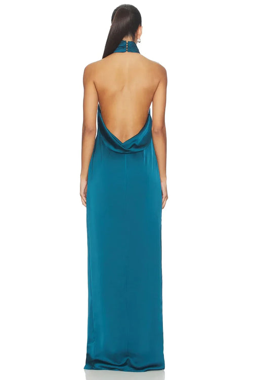 Robe de soirée longue de luxe sans manches drapée au dos avec dos nu