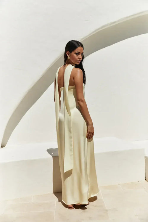 Robe de bal longue sans manches à col licou drapée dans le dos