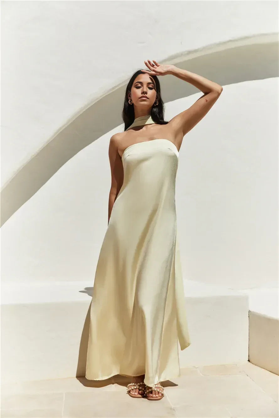 Luxe Sheath Halter Neck Sleeveless Draped Back Floor Length Prom Dress