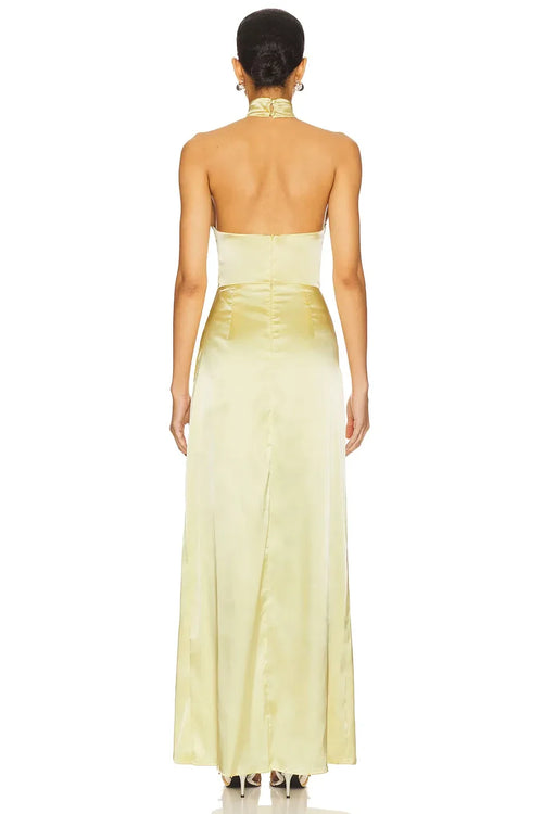 Robe de soirée longue de luxe, fourreau, sans manches, col licou, fente haute et dos ouvert