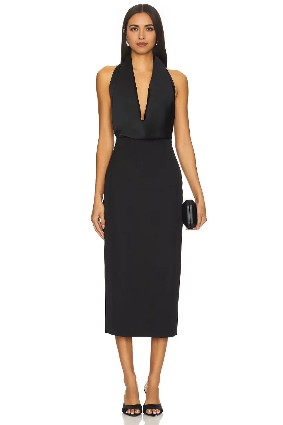Luxe Sheath Halter Neck Sleeveless Open Back High Slit Midi Length Prom Dress