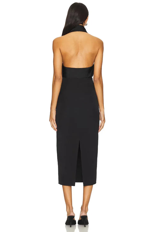 Luxe Sheath Halter Neck Sleeveless Open Back High Slit Midi Length Prom Dress