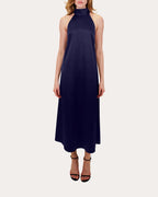 Luxe Sheath Halter-Neck Sleeveless Open Back Midi Floor Length Female Prom Dress