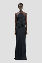 Luxe Sheath Halter-Neck Sleeveless Open Back Ruched Floor Length Prom Dress