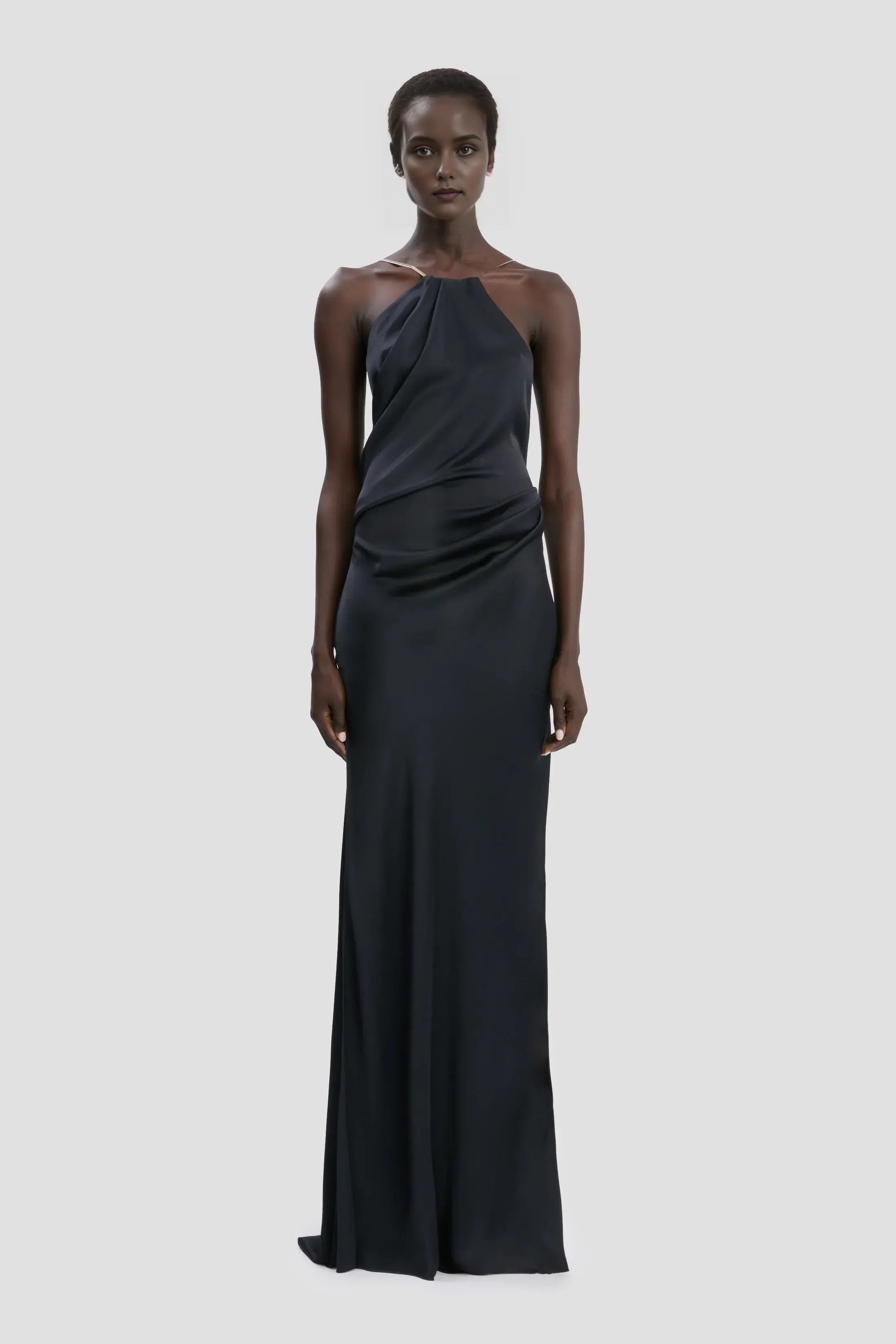 Luxe Sheath Halter-Neck Sleeveless Open Back Ruched Floor Length Prom Dress