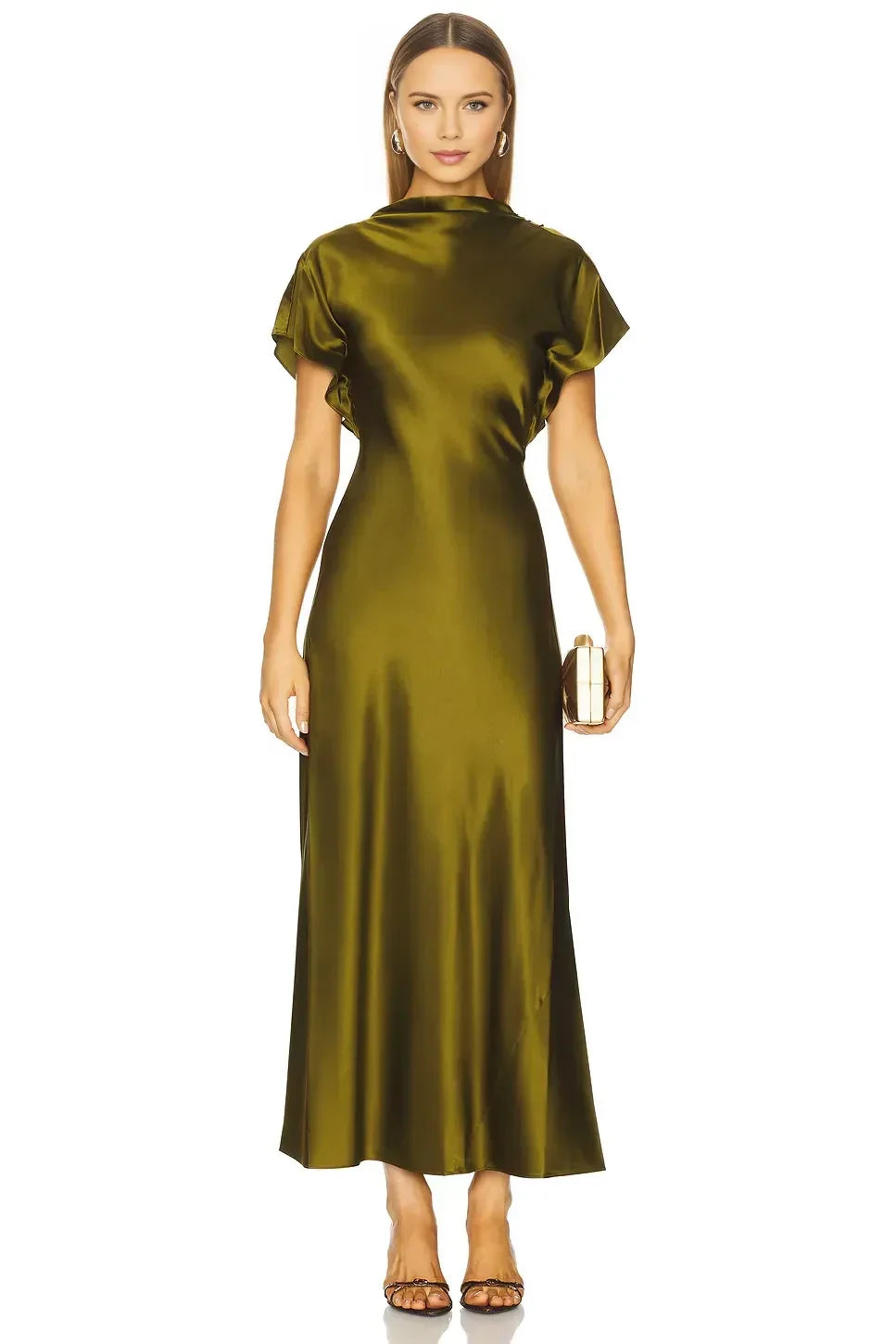 Luxe Sheath High Neck Short Sleeve Zipper Back Midi Length Evening Dress