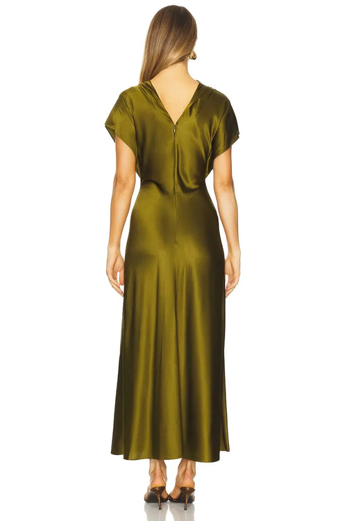 Robe de soirée fourreau de luxe à col montant, manches courtes, fermeture éclair au dos et longueur midi