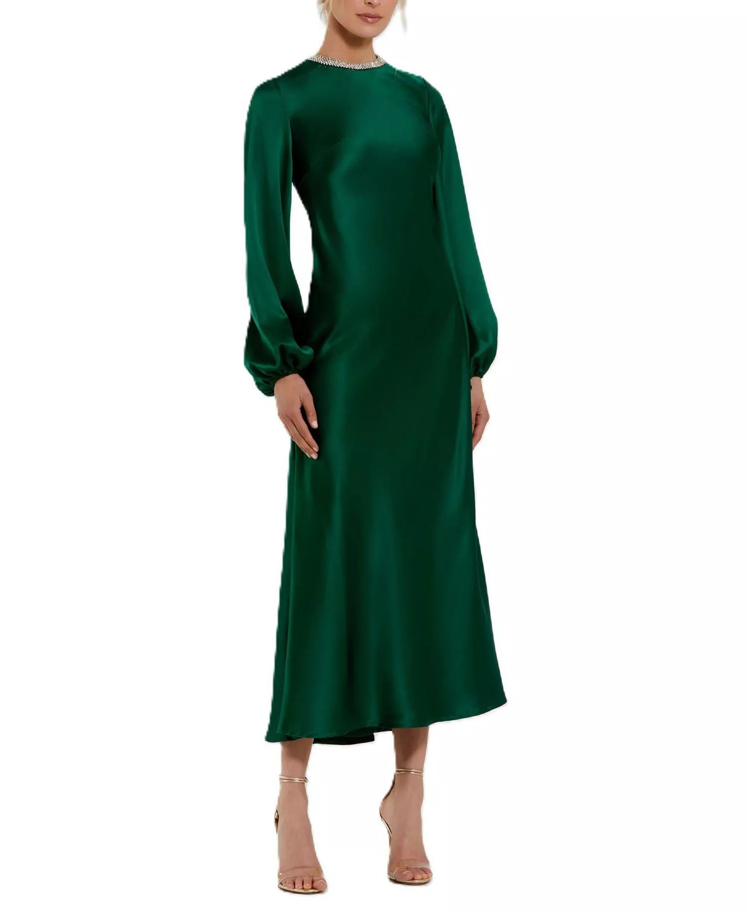 Luxe Sheath Jewel Neck Puff Sleeve Zipper Back Midi Length Prom Dress