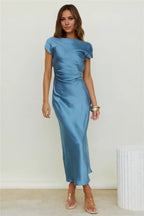 Luxe Sheath Off Shoulder Cap Sleeve Cowl Back Midi Length Prom Dress