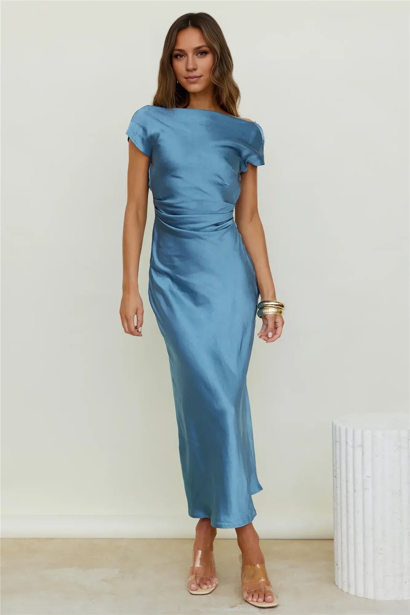 Luxe Sheath Off Shoulder Cap Sleeve Cowl Back Midi Length Prom Dress