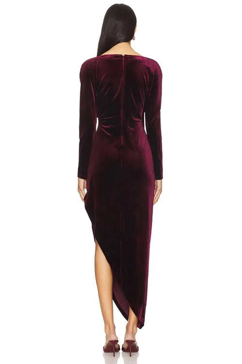 Luxe Sheath Off Shoulder Long Sleeve Asymmetric High Slit Midi Length Prom Dress