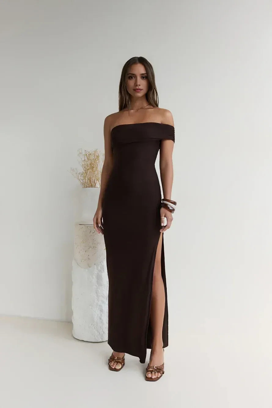 Luxe Sheath Off Shoulder Ruched Bodice High Slit Floor Length Prom Dress
