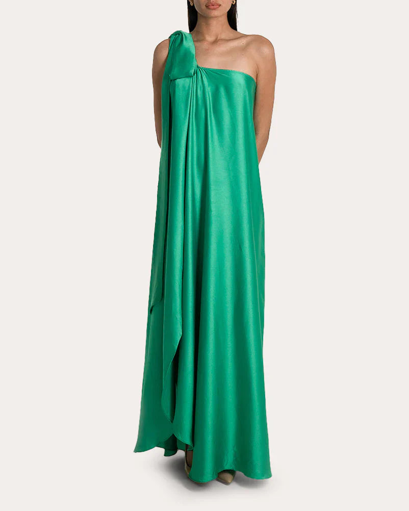 Luxe Sheath One Shoulder Draped Sleeve Belted Back Floor Length For Ladies Prom Dress
