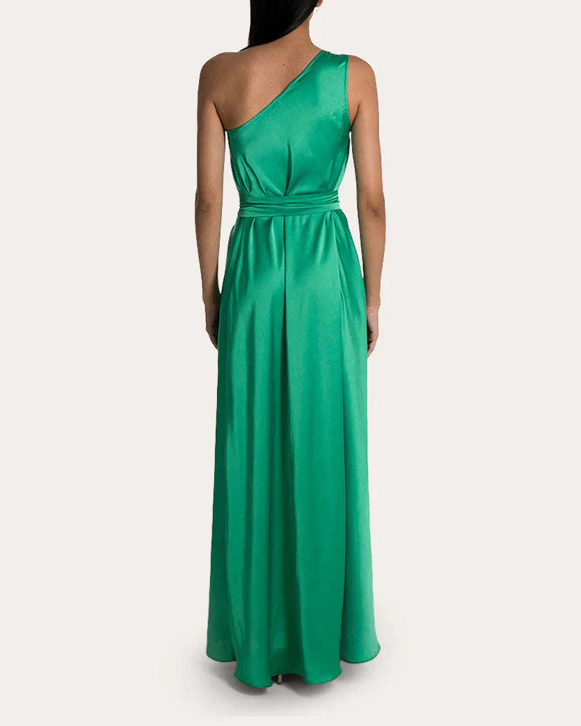 Luxe Sheath One Shoulder Draped Sleeve Belted Back Floor Length For Ladies Prom Dress