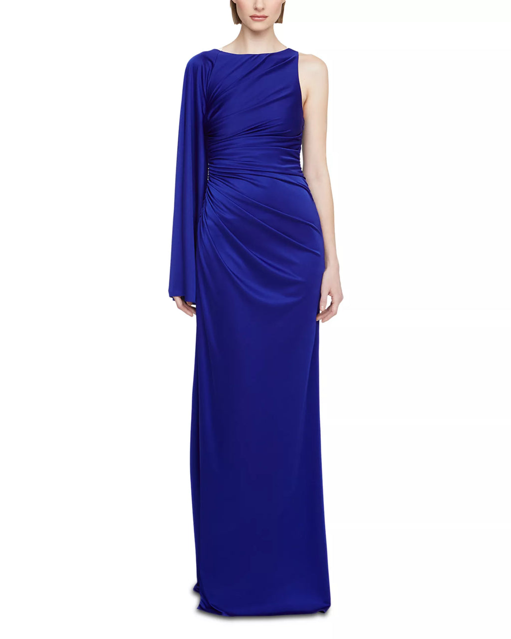 Luxe Sheath One Shoulder Long Sleeve Ruched Bodice Floor Length Hot Sale Prom Dress