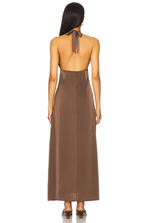 Robe de bal longue sans manches à licou plongeant, fourreau de luxe avec dos à nouer