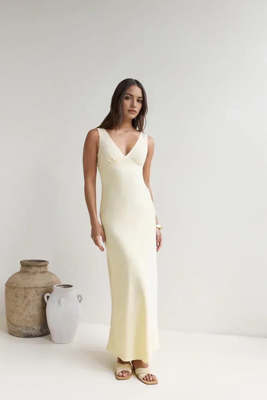 Luxe Sheath Plunge Neck Sleeveless Crisscross Back Floor Length Prom Dress