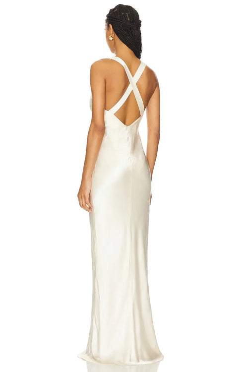 Robe de soirée longue de luxe à col plongeant, sans manches et dos croisé