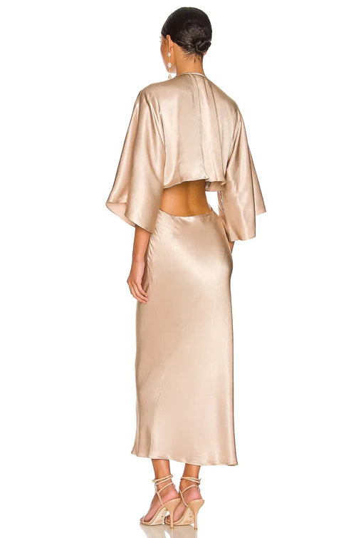 Robe de soirée mi-longue fourreau de luxe à encolure plongeante en V avec manches kimono et dos à nouer