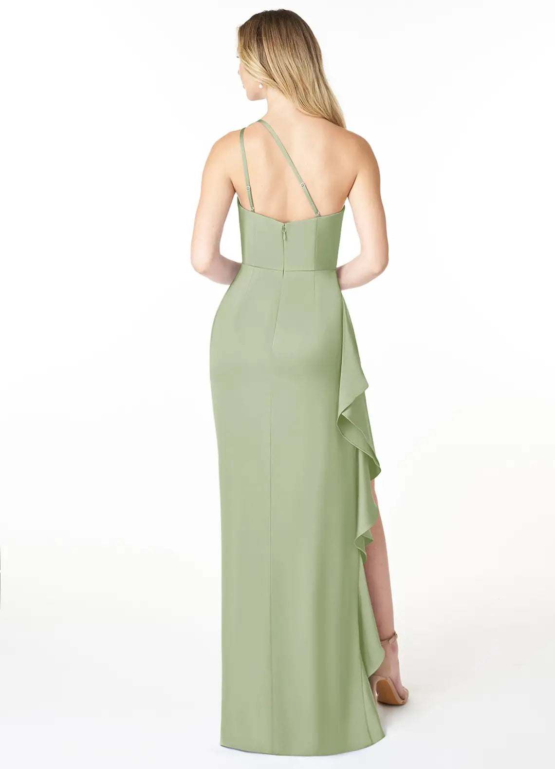 Luxe Sheath Satin One Shoulder Sleeveless Asymmetrical Ruffle Floor Length Bridesmaid Dress