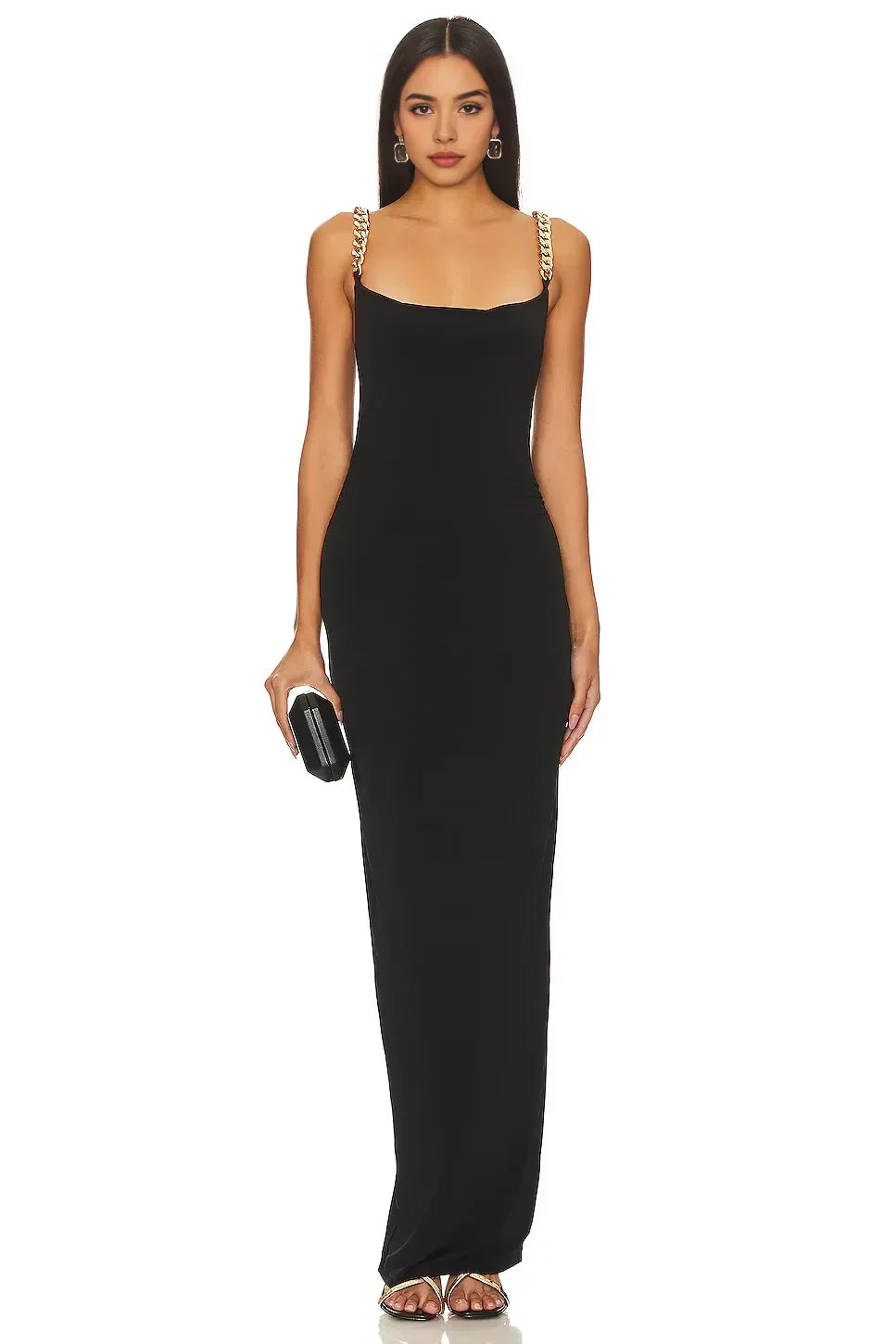 Luxe Sheath Square Neck Chain Strap High Slit Floor Length Prom Dress