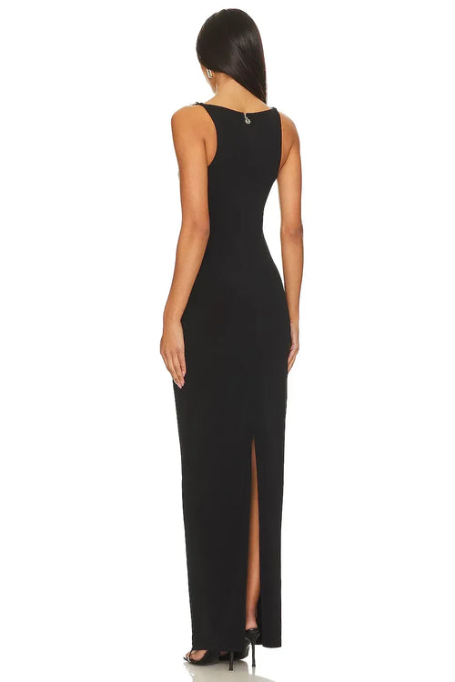 Robe de bal longue fendue à col carré et fines bretelles chaîne Luxe