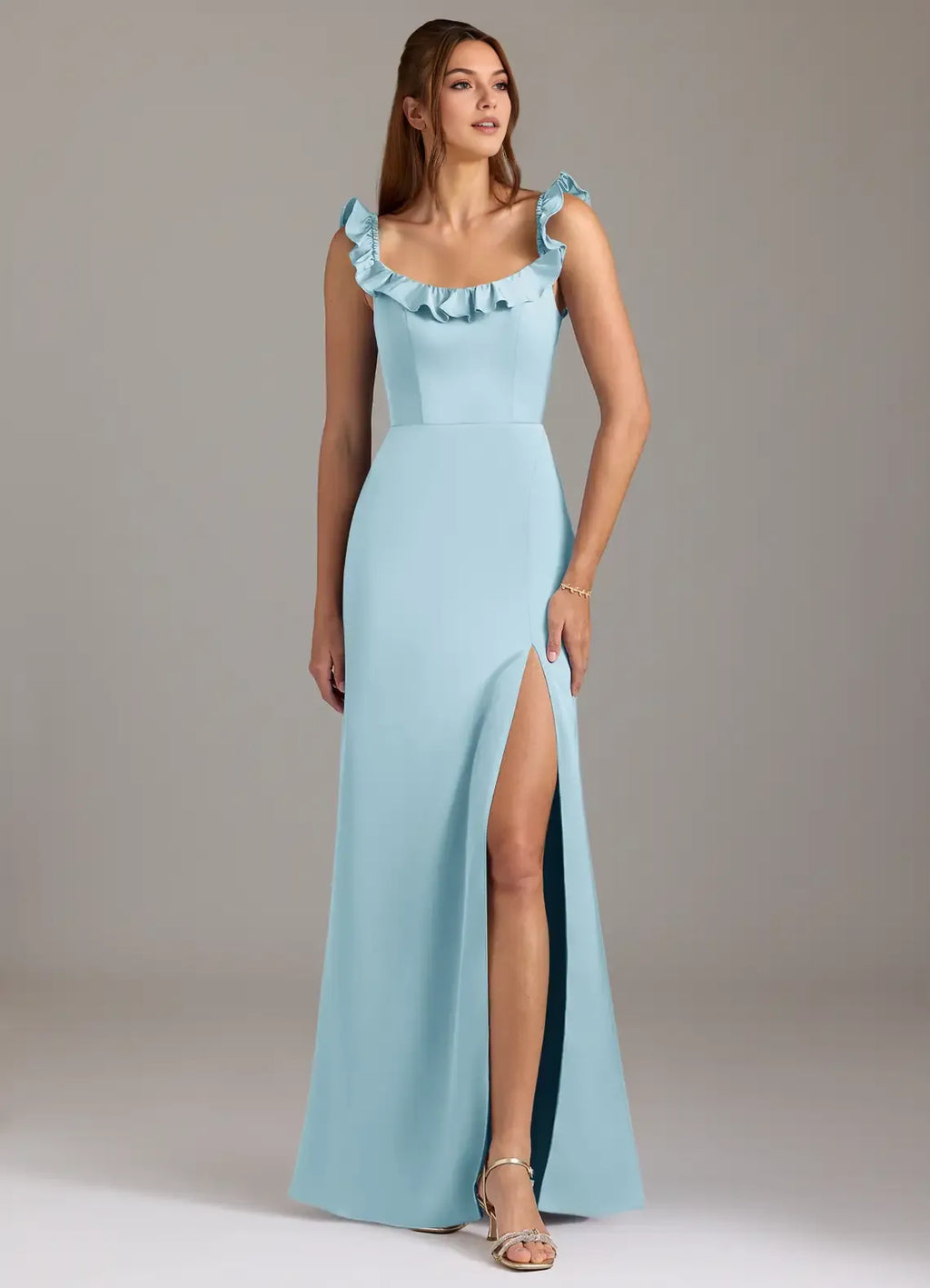 Luxe Sheath Square Neck Ruffle Cold Shoulder Keyhole Back Floor Length Bridesmaid Dress