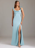Luxe Sheath Square Neck Ruffle Cold Shoulder Keyhole Back Floor Length Bridesmaid Dress