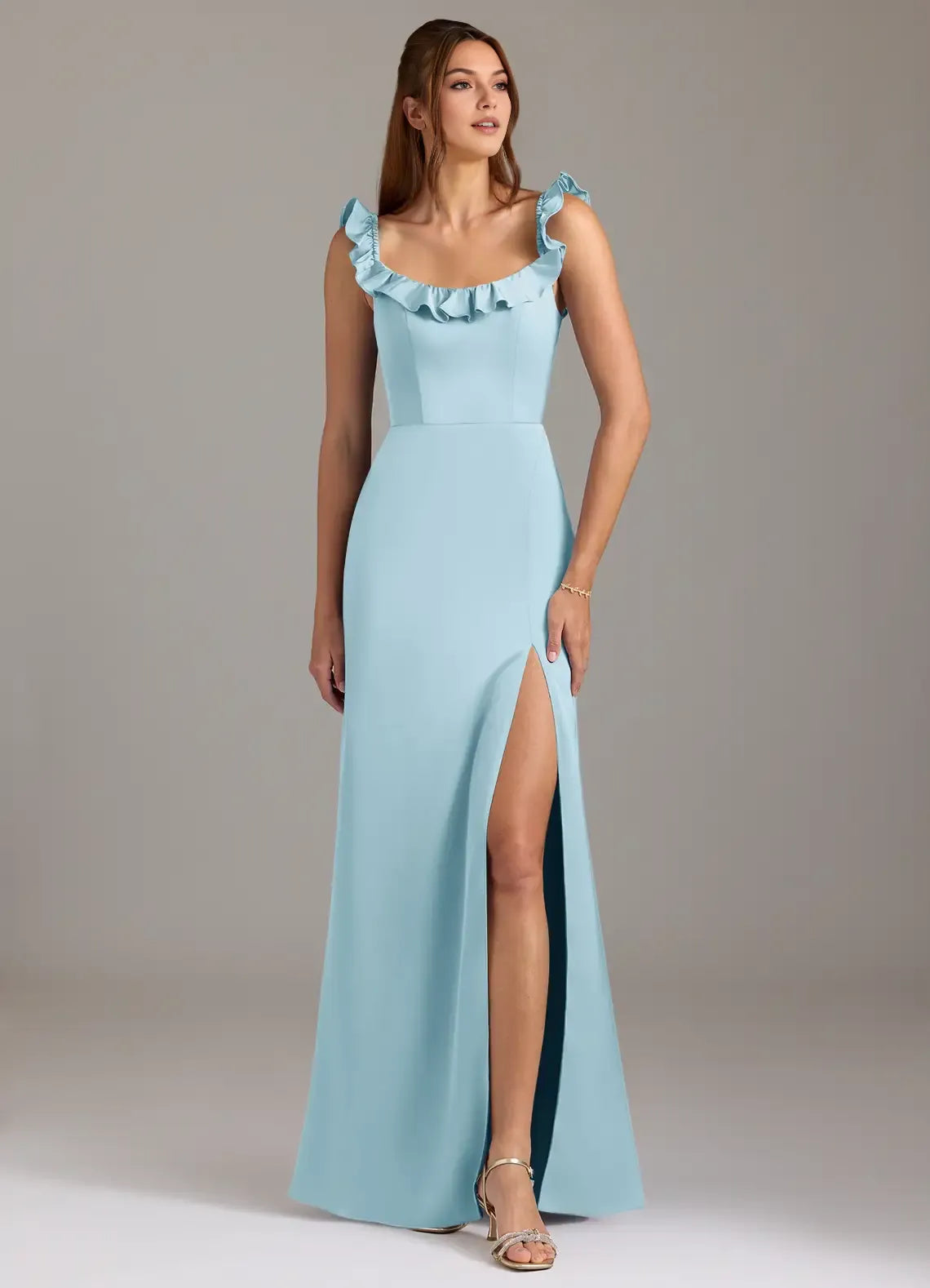 Luxe Sheath Square Neck Ruffle Cold Shoulder Keyhole Back Floor Length Bridesmaid Dress