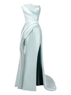 Luxe Sheath Strapless Draped Sleeve Open Back Train Floor Length Prom Dress