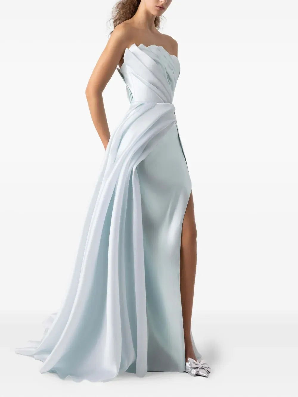 Luxe Sheath Strapless Draped Sleeve Open Back Train Floor Length Prom Dress