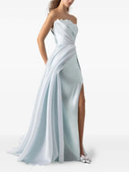 Luxe Sheath Strapless Draped Sleeve Open Back Train Floor Length Prom Dress