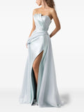 Luxe Sheath Strapless Draped Sleeve Open Back Train Floor Length Prom Dress