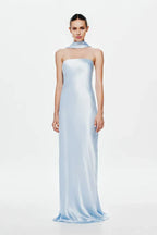 Luxe Sheath Strapless Halter Style Drape Back Floor Length For Sale Prom Dress
