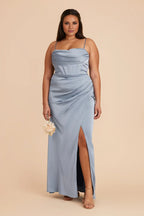 Luxe Dusty Blue Satin Cowl Neck Spaghetti-Strap Maxi Bridesmaid Dress with Ruched Bodice & High Side Slit
