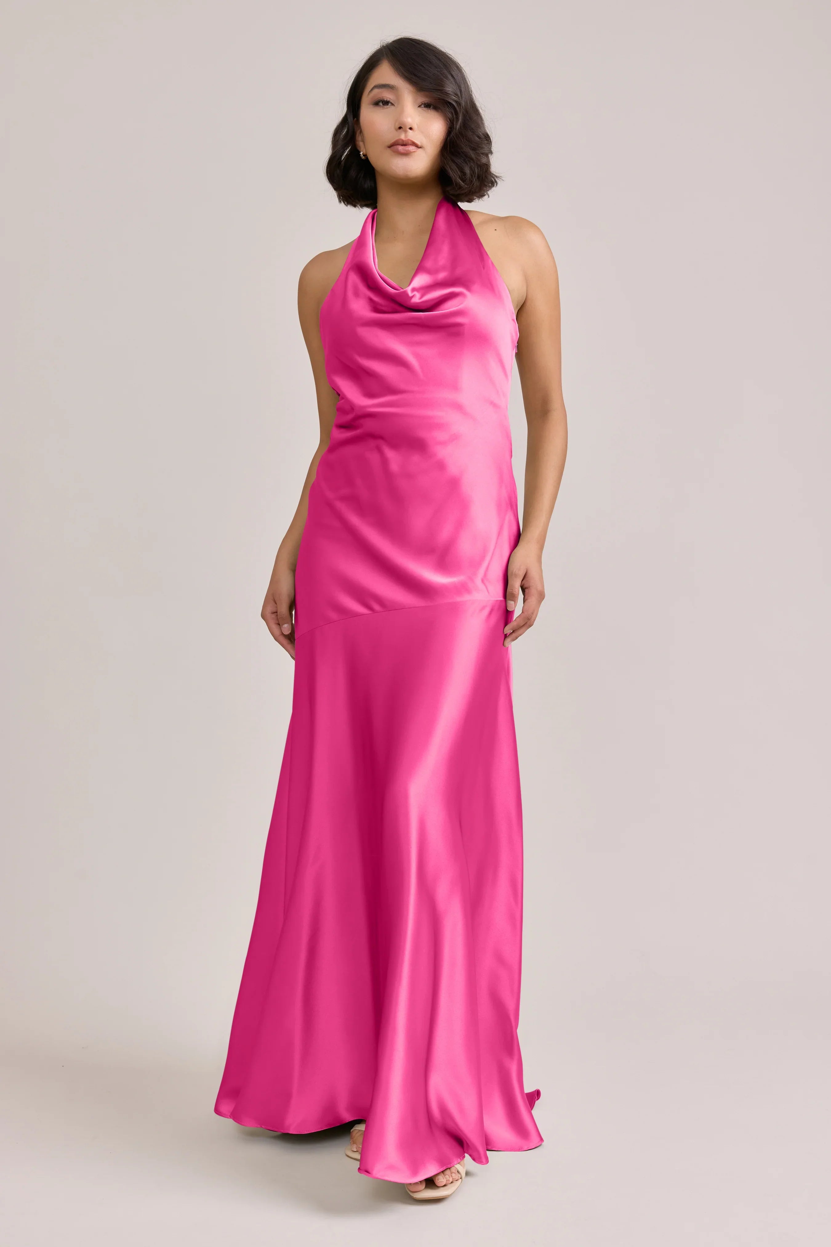Luxe Satin Cowl Neck Halter Bridesmaid Dresses with Bow Back Detail, Asymmetrical Skirt and Floor-Length Formal Gown